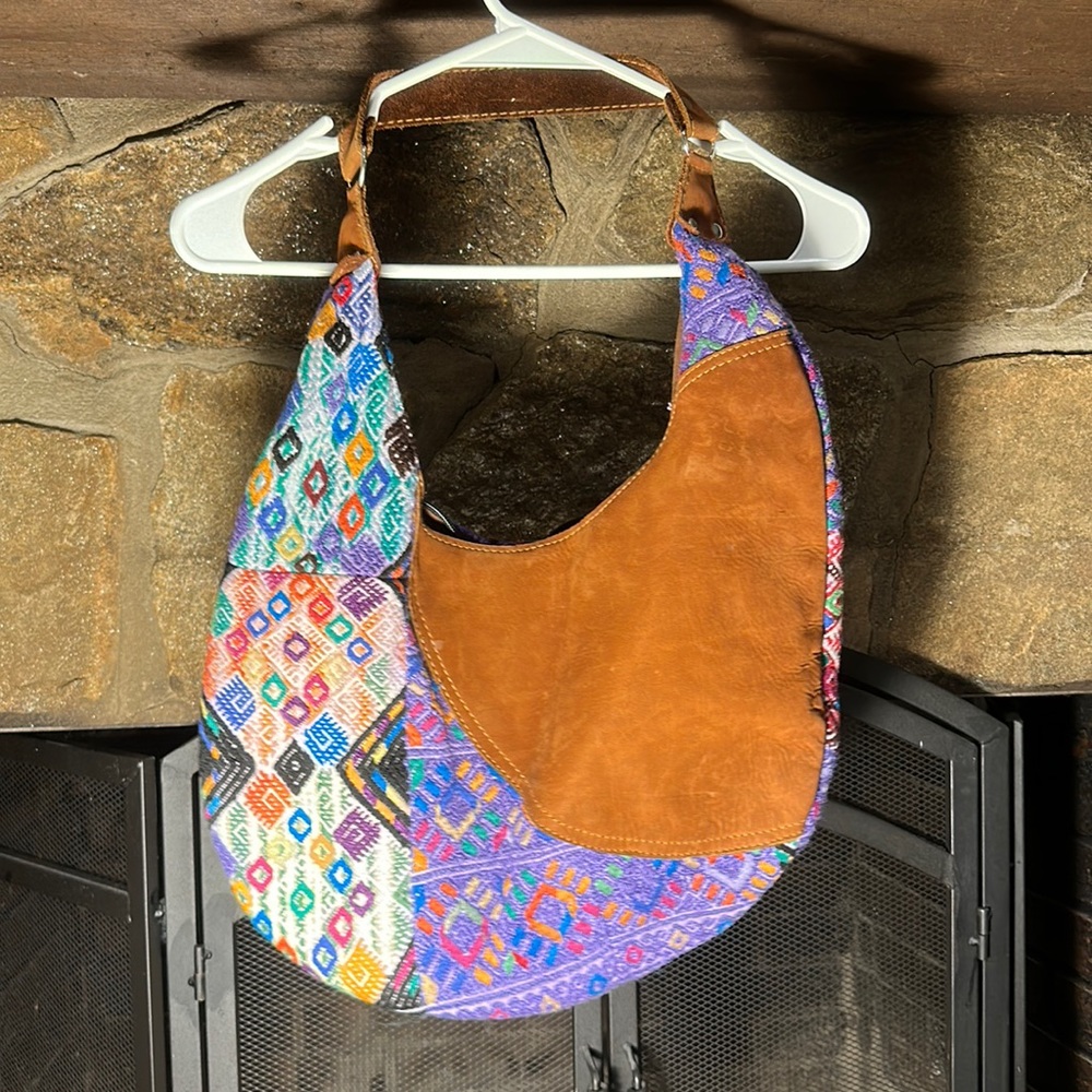 Handmade Guatemalan Genuine leather and hand sewn fabric handbag